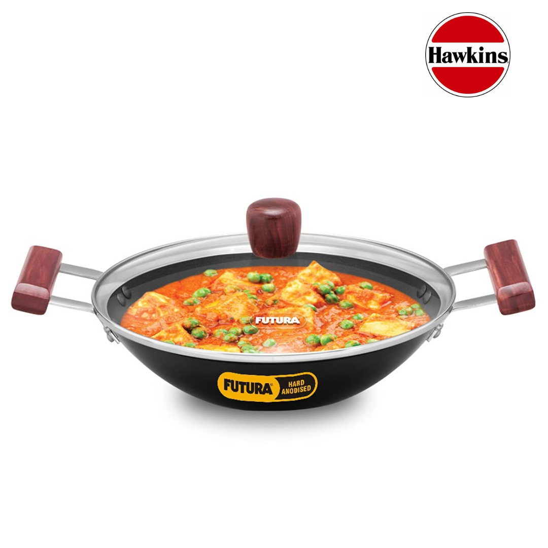 Hawkins Hard Anodised Deep Fry Pan(Kadhai)Flat Bottom With Glass Lid