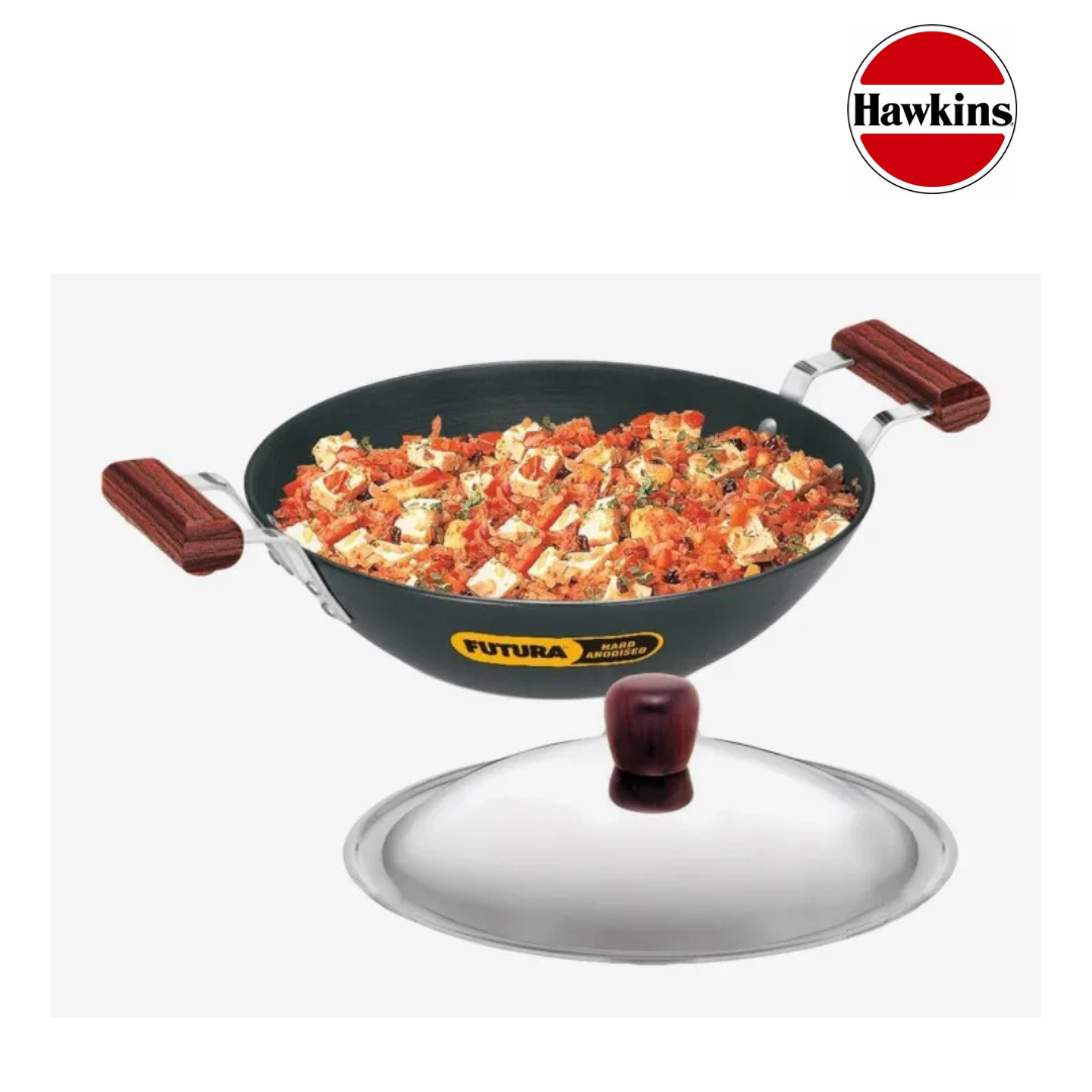 Hawkins Hard Anodised Deep Fry Pan (Kadhai) Round Bottom With Glass Lid