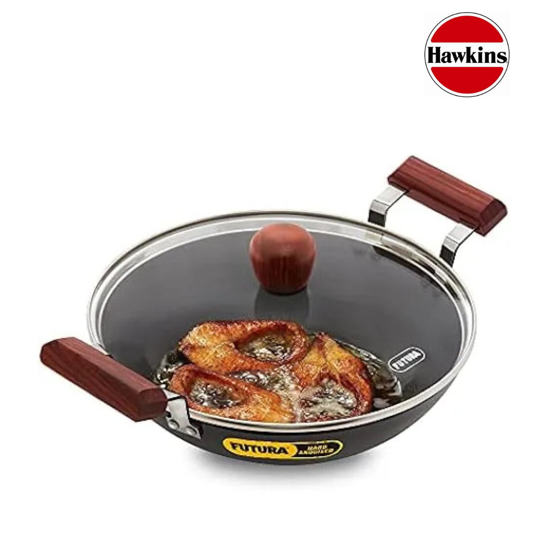 Hawkins Hard Anodised Deep Fry Pan (Kadhai) Round Bottom With Glass Lid