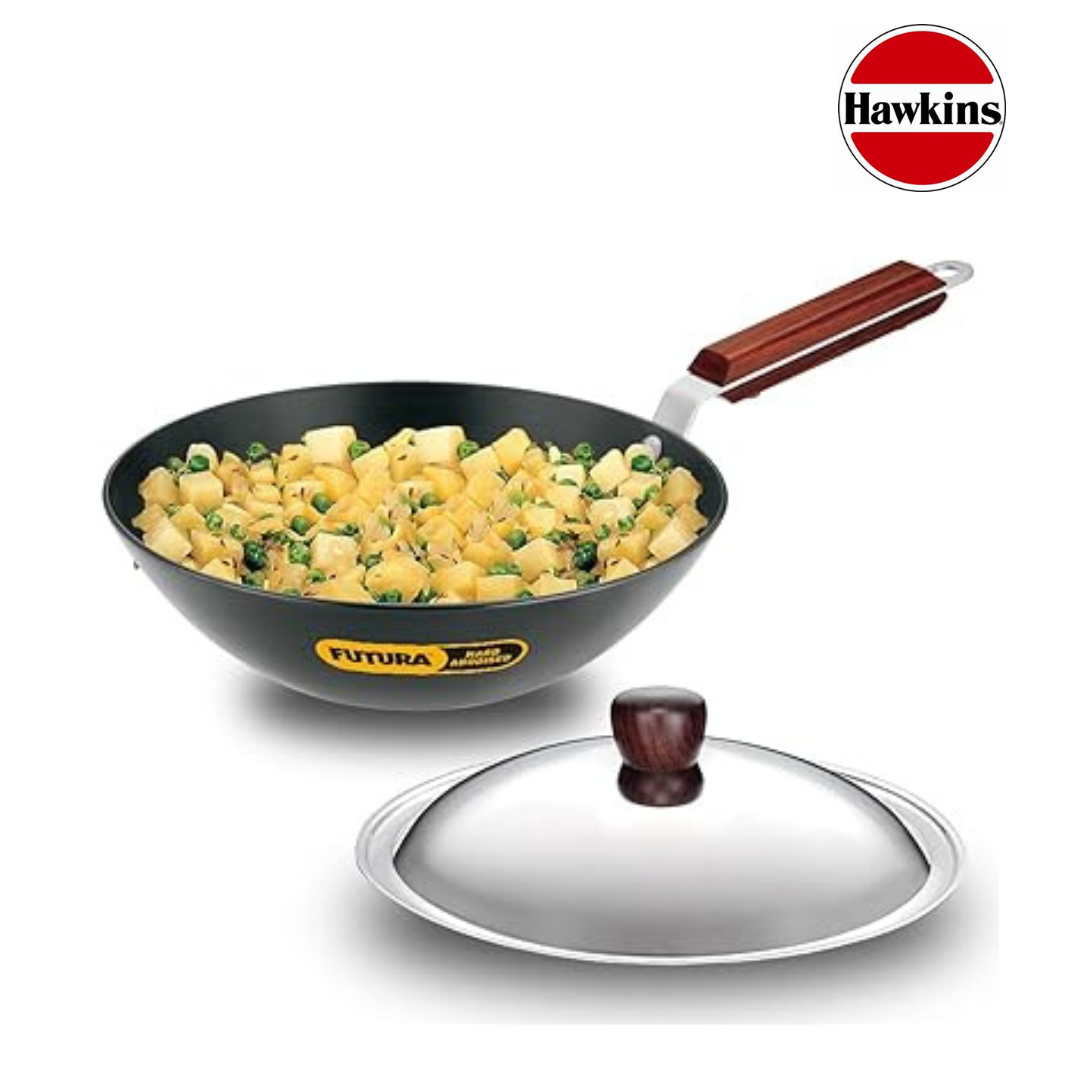 Hakwins Hard Anodised Deep Fry Pan (Kadhai) Flat Bottom With SS Lid