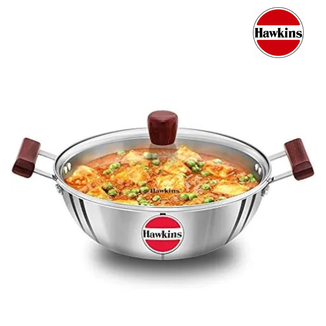 Hawkins 2.5 Litre Tri Ply SS Non Stick Kadhai with Glass Lid Induction Compatible