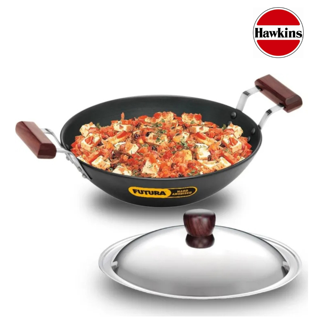 Hawkins Hard Anodised Deep Fry Pan (Kadhai) Flat Bottom With SS Lid Induction Compatible