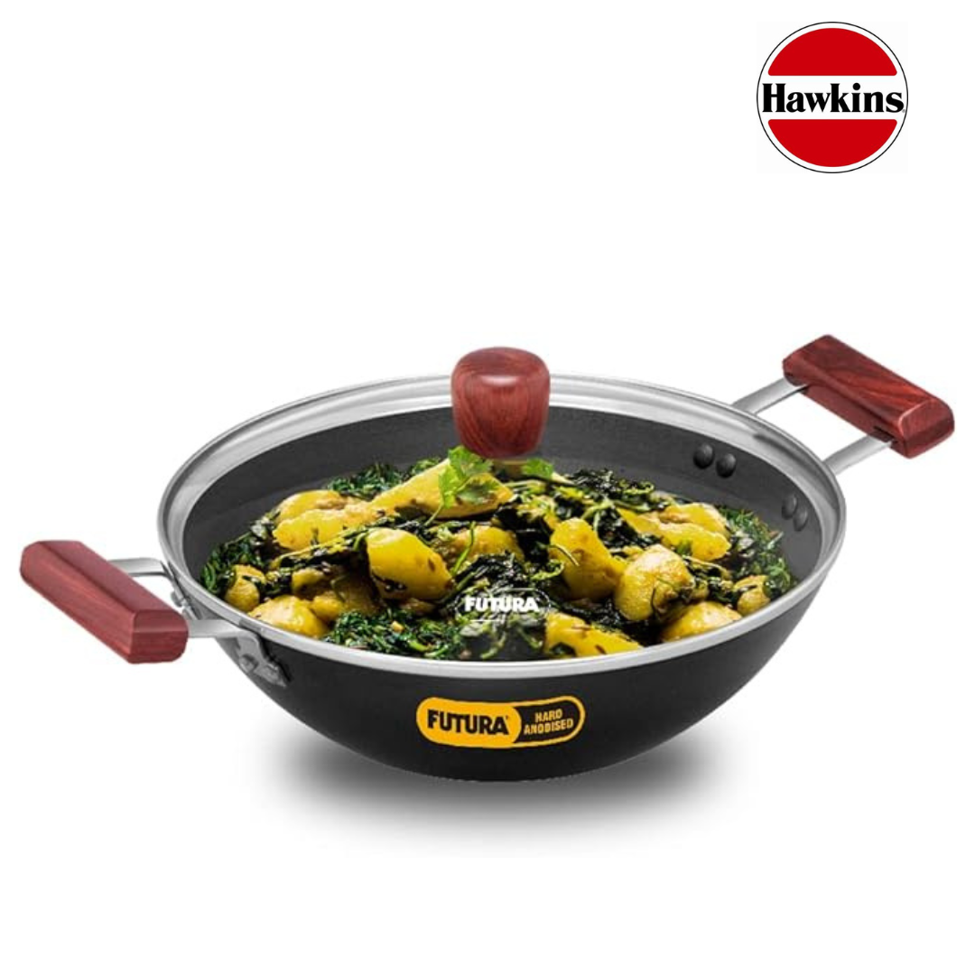 Hawkins Hard Anodised Deep Fry Pan(Kadhai)Flat Bottom With Glass Lid